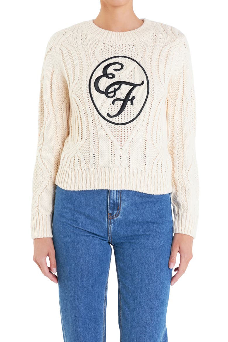 Sports Club Logo Embroidered Cable Stitch Sweater, Alternate, color, IVORY