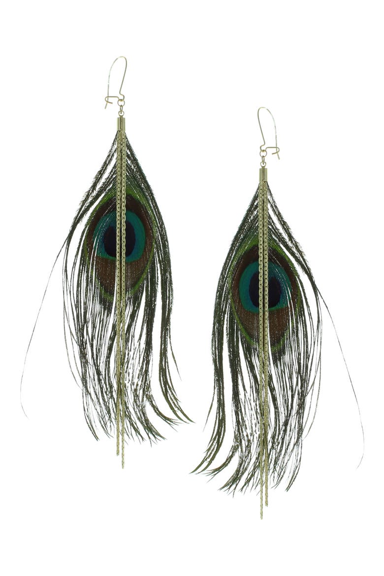Peacock Feather Dangle Earrings, Main, color, GOLD / MULTI