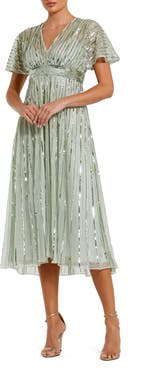 Mac Duggal Empire Waist Embellished Short Sleeve Dress