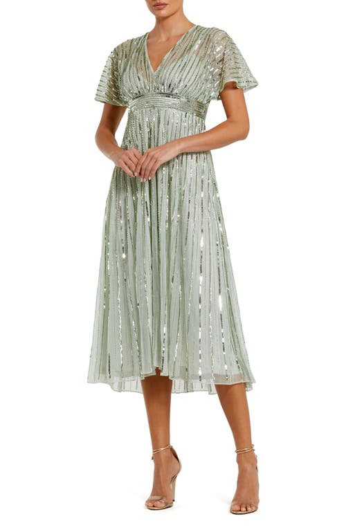 Mac Duggal Hand Embellished Short Sleeve A Line Midi Dress In Sage