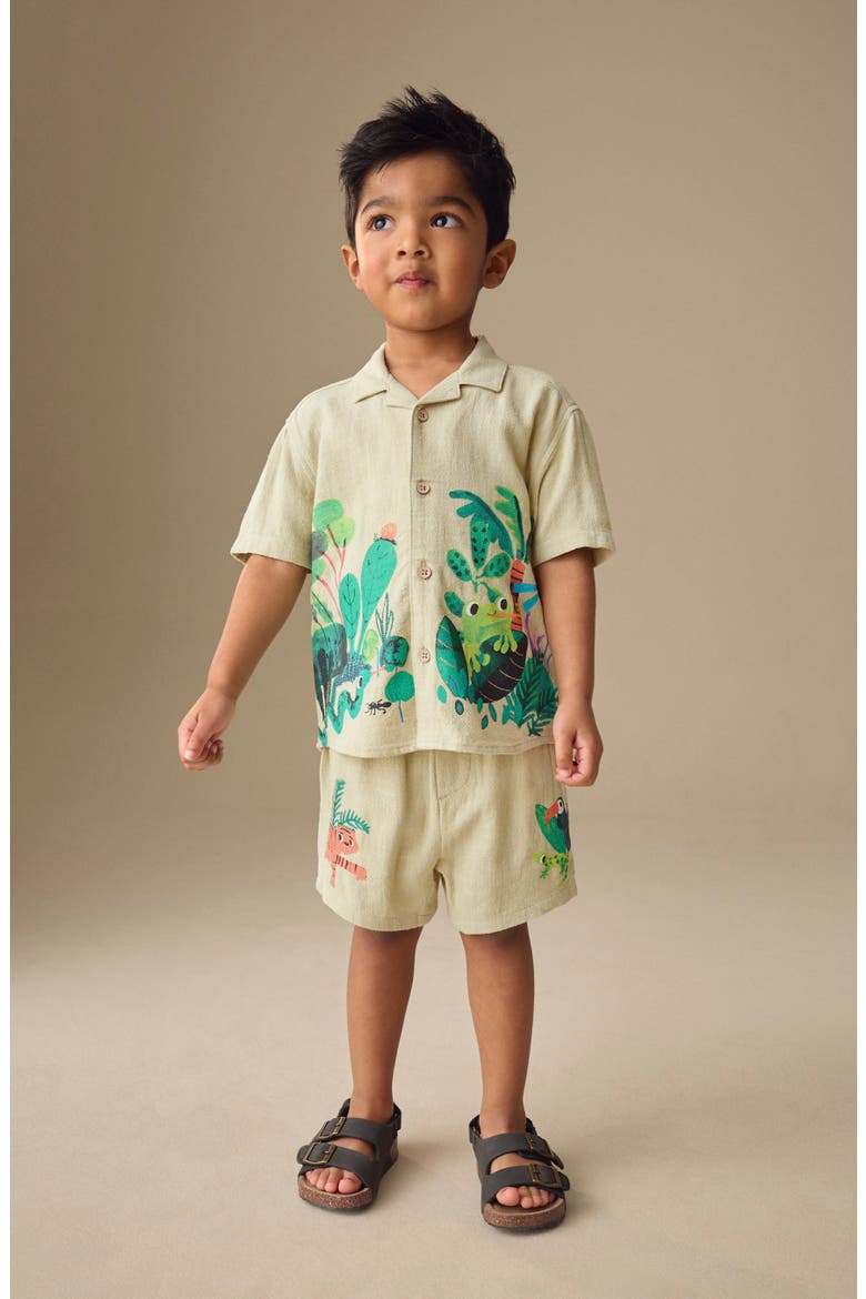 Kids' Jungle Print Camp Shirt & Shorts Set, Alternate, color, BEIGE PRINT