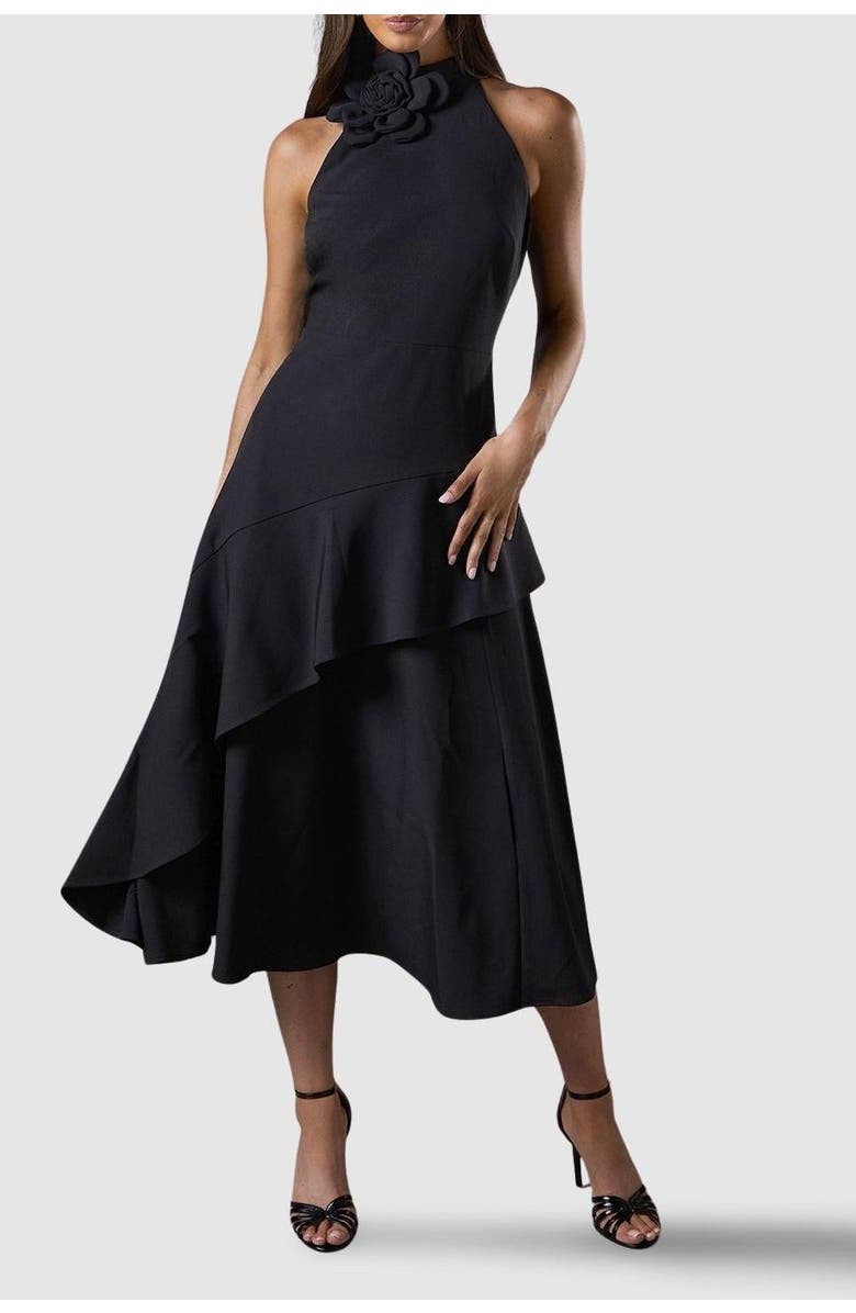 Coast High Neck Corsage Detail Midi Dress, Alternate, color, Black