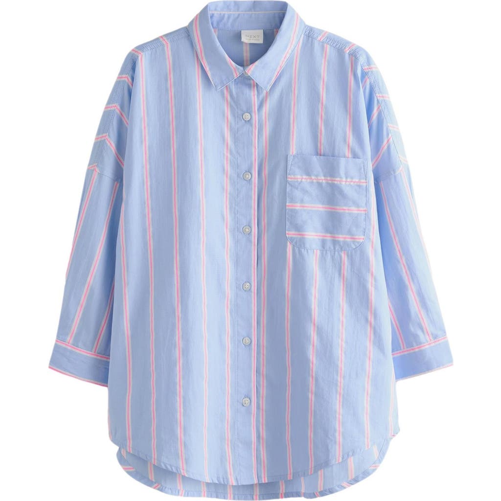 Next Kids' Stripe Oversize Cotton Button-up Shirt In Blue