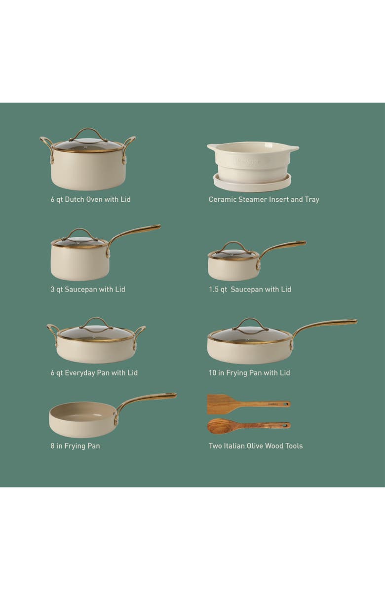 Bloomhouse 15 Piece Ceramic Nonstick Aluminum Cookware Set with Dutch Oven, Alternate, color, Linen With Gold Handle