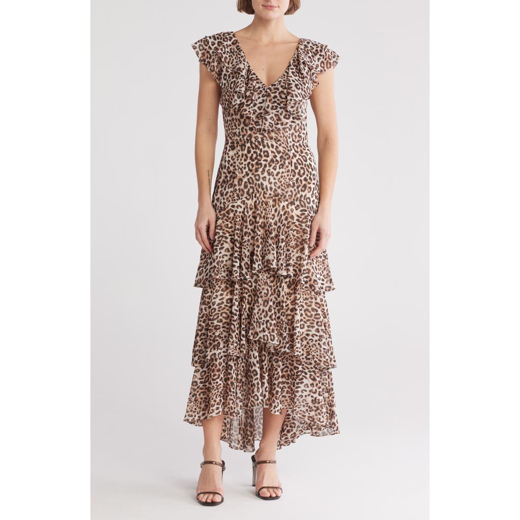 Shop Wayf Floral Ruffle Tiered Dress In Leopard