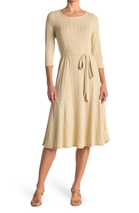 Three-Quarter Sleeve A-Line Metallic Ribbed Midi Dress