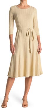 Nina Leonard Three-Quarter Sleeve A-Line Metallic Ribbed Midi Dress