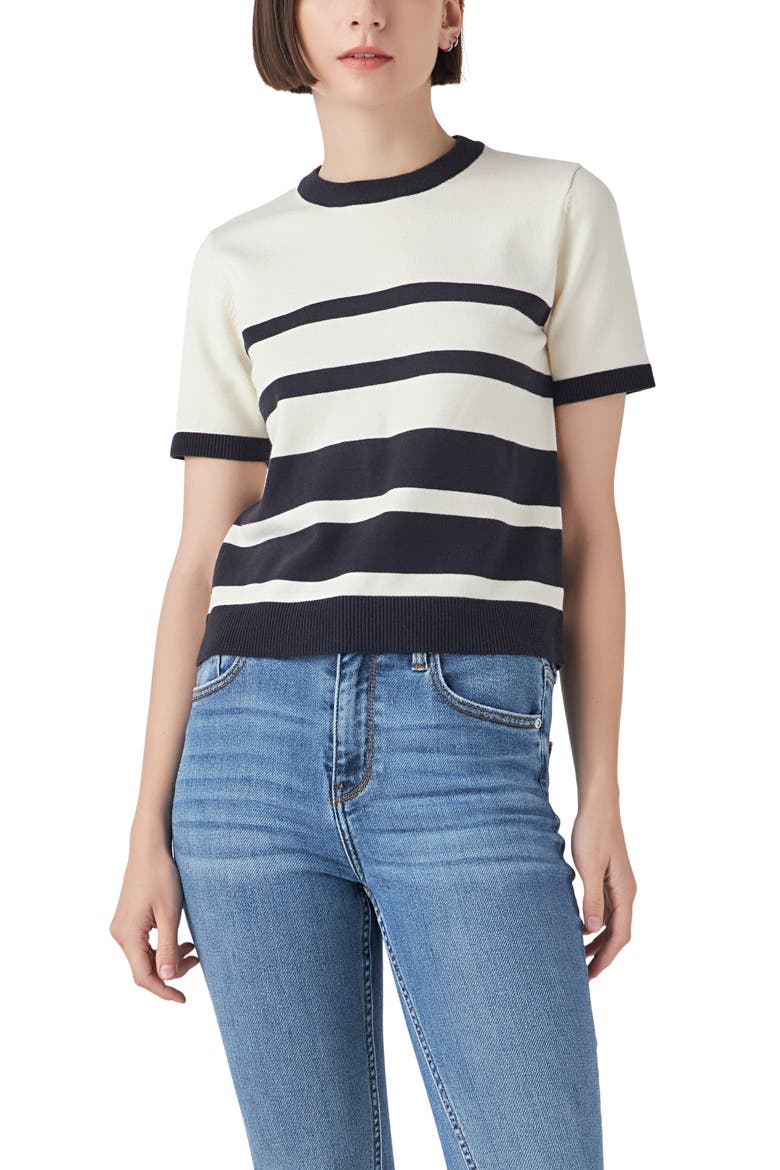 Stripe Short Sleeve Sweater, Alternate, color, IVORY/ NAVY