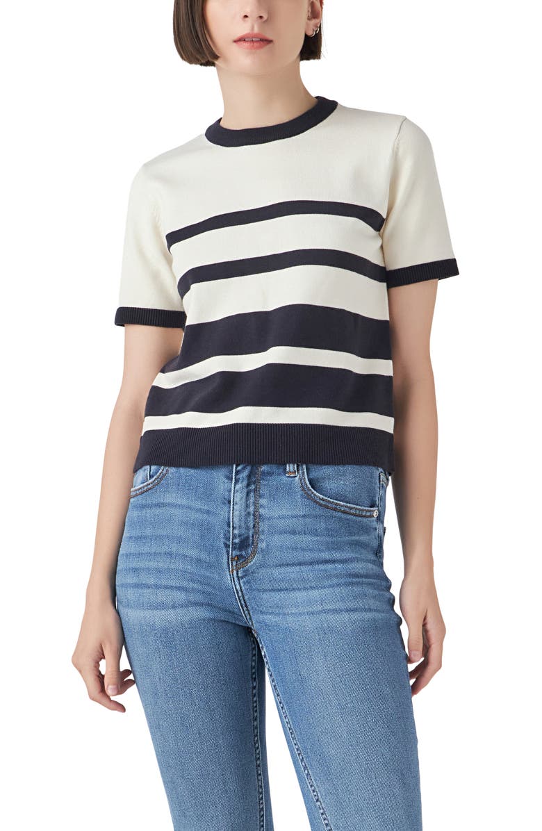 English Factory Stripe Short Sleeve Sweater, Alternate, color, Ivory/ Navy