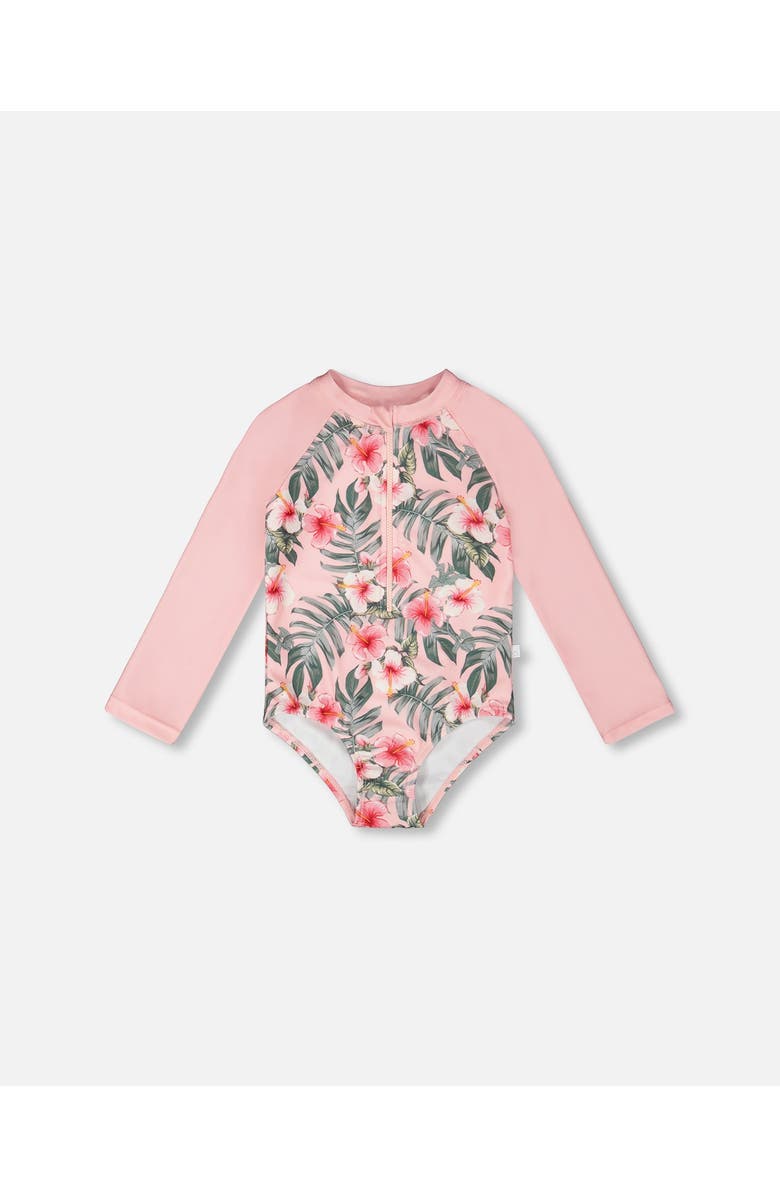 Deux par Deux One-Piece Long Sleeve Hibiscus Rashguard, Main, color, Pink Hibiscus Print