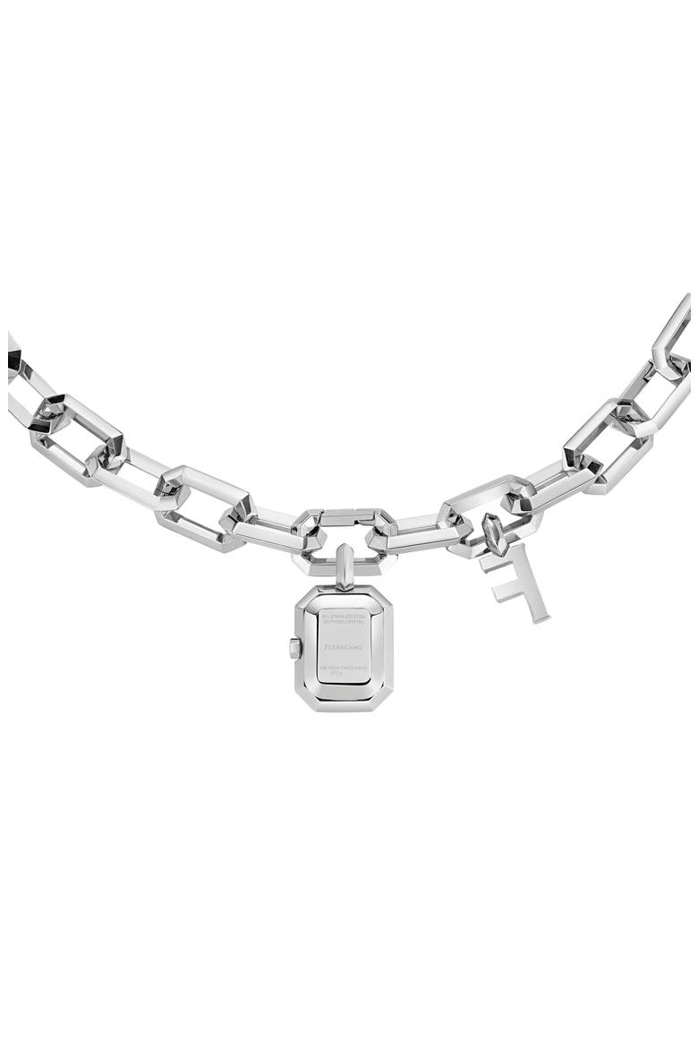 'F' Charm Bracelet Watch, 16mm x 21mm, Alternate, color, STAINLESS STEEL
