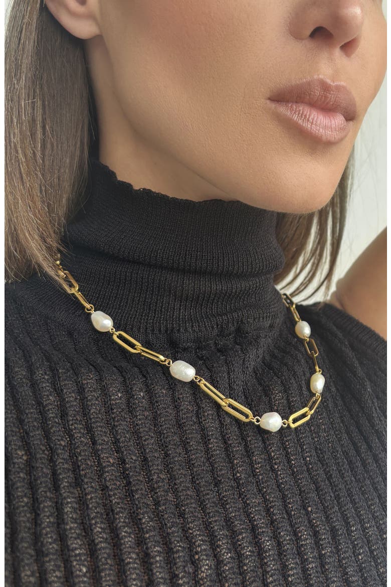18k Gold Plated Imitation Pearl Paperclip Necklace, Alternate, color, WHITE/ GOLD