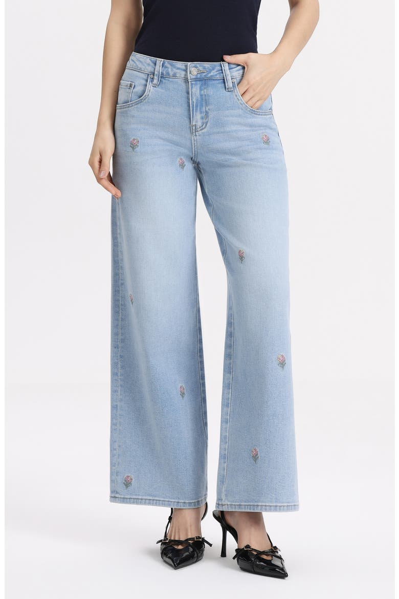 Embroidered Mid Rise Wide Leg Jeans, Alternate, color, LIGHT BLUE