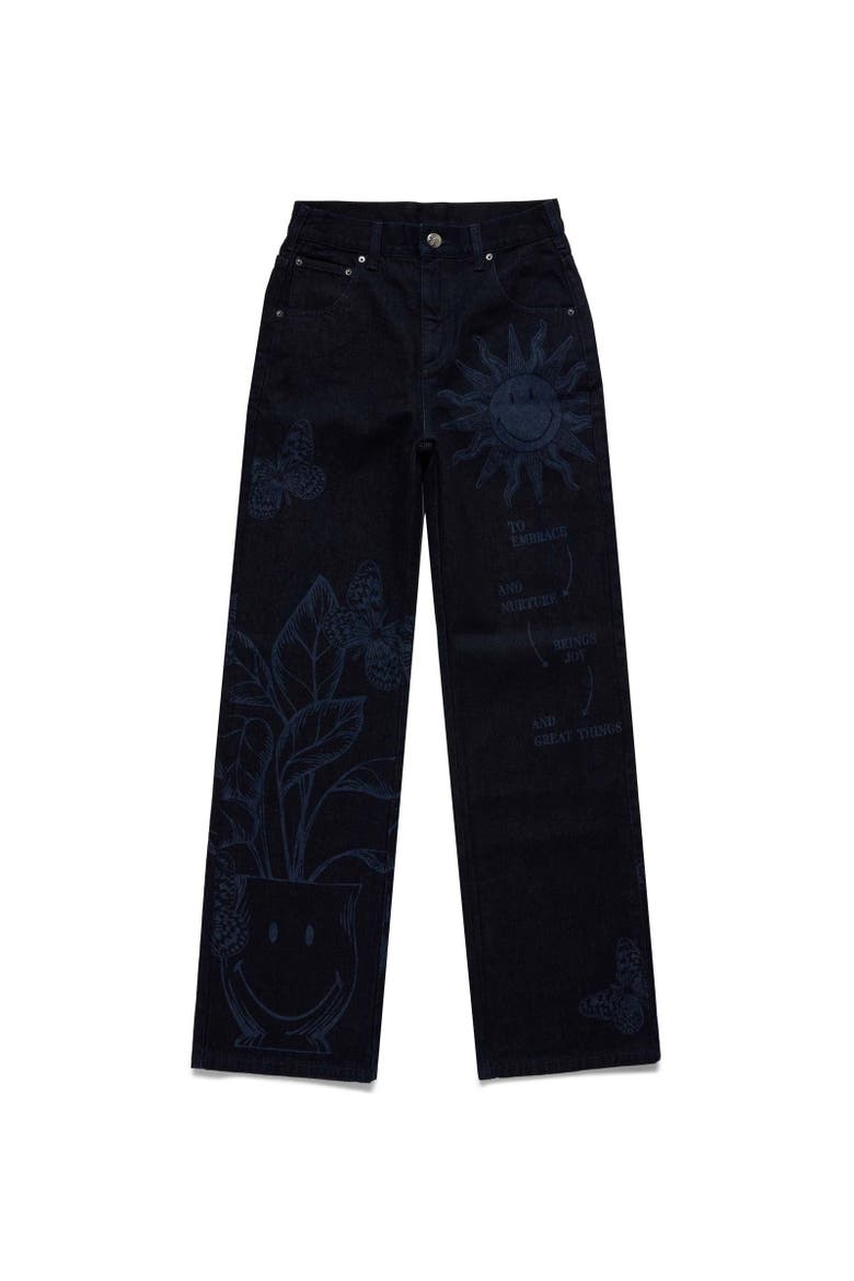 OVERDYE PRINTED SMILEY DENIM PANTS, Alternate, color, DARK BLUE