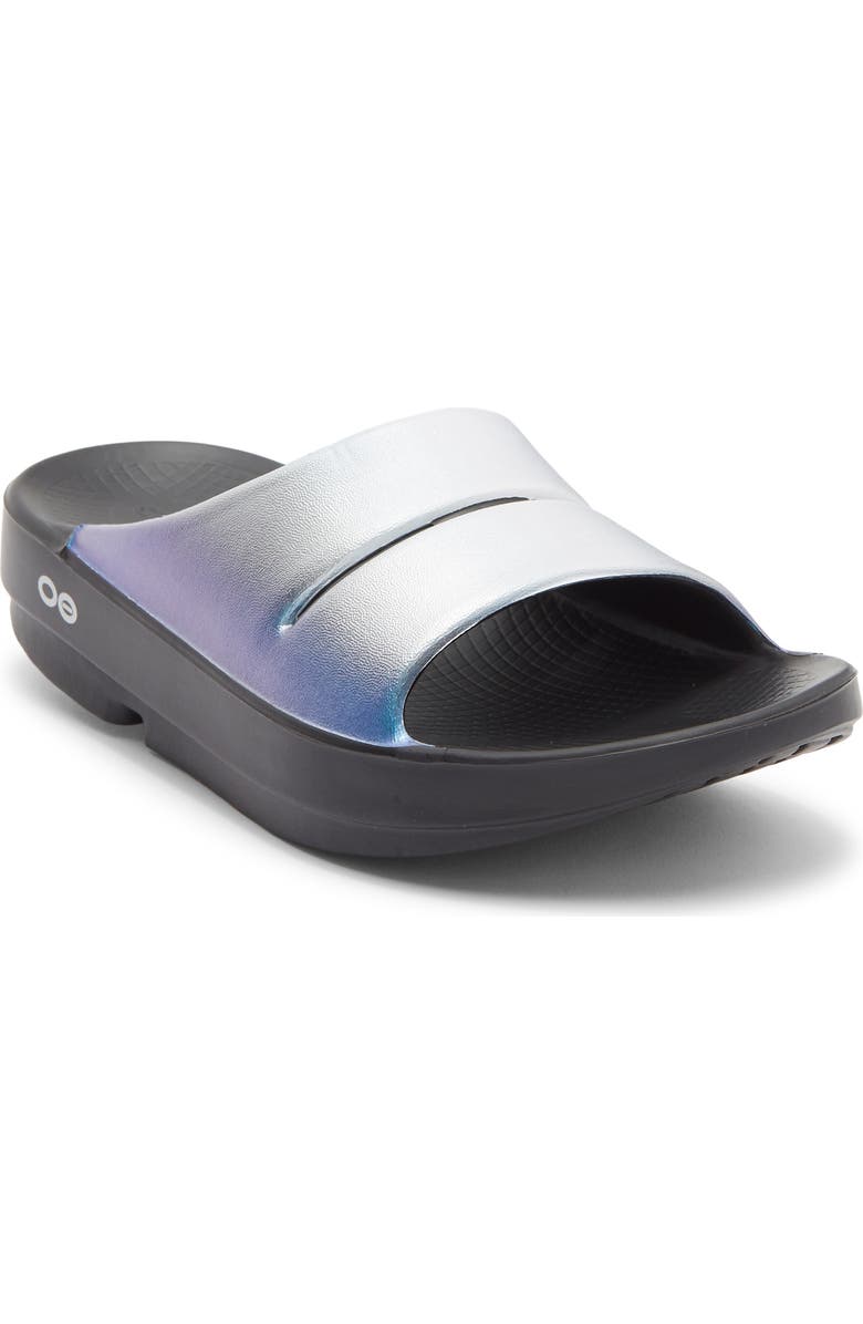 Oofos Ooahh Luxe Slide Sandal, Main, color, Black/ Frost