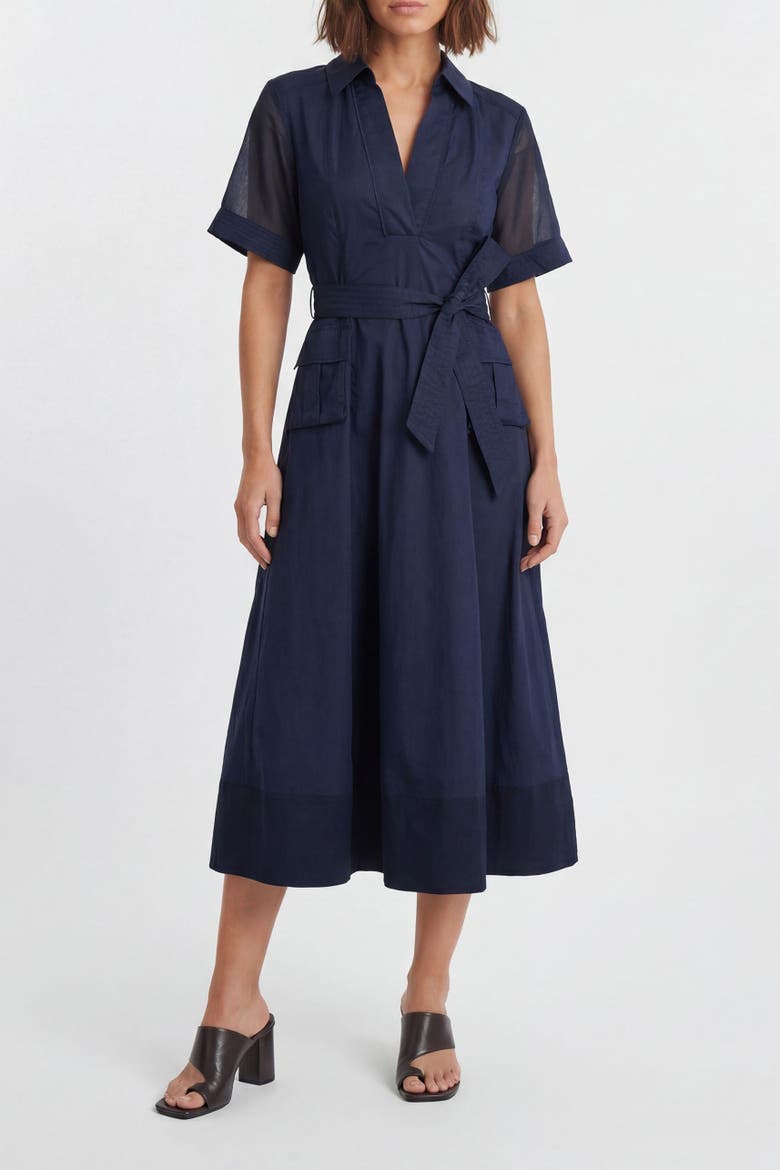 Utility Short Sleeve Organdie Midi Dress, Alternate, color, Navy