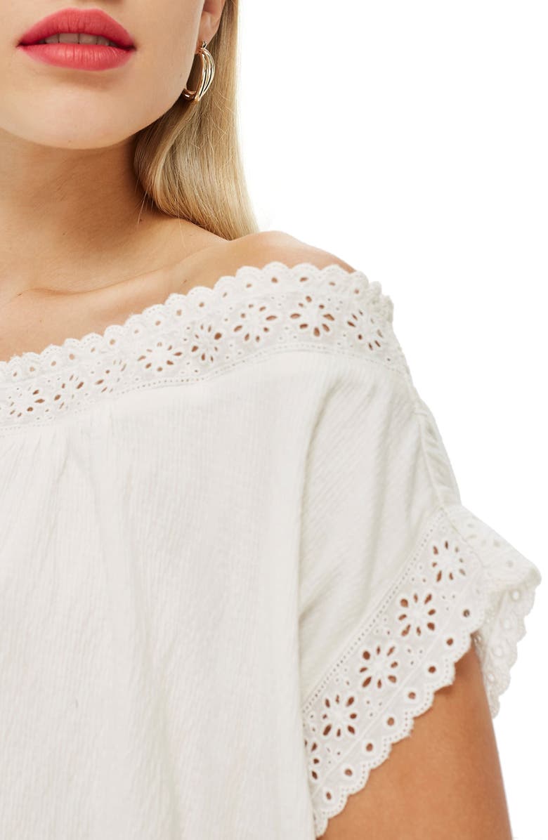 Topshop Off the Shoulder Eyelet Detail Top, Alternate, color, 