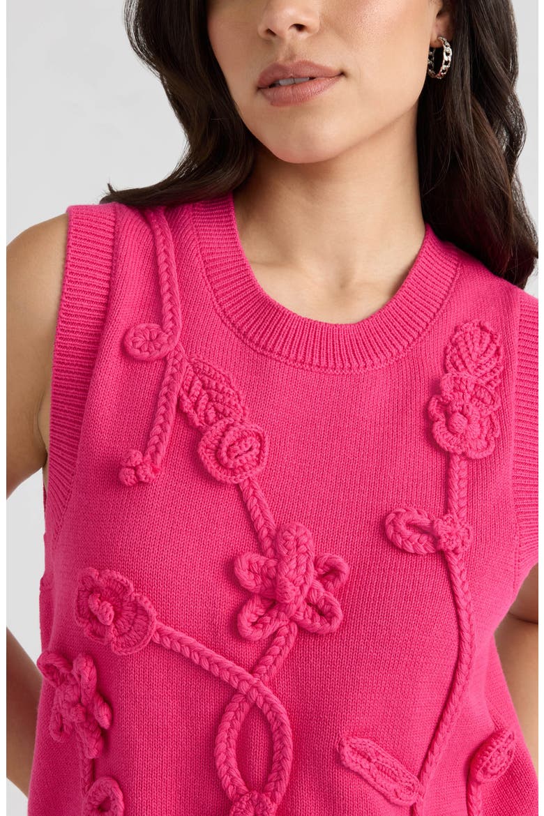 Sleeveless Floral Appliqué Sweater, Alternate, color, HOT PINK