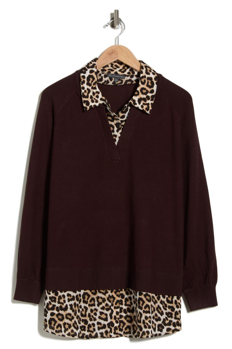 V-Neck Twofer Sweater, Alternate, color, BROWNIE/ BENGAL CHEETAH