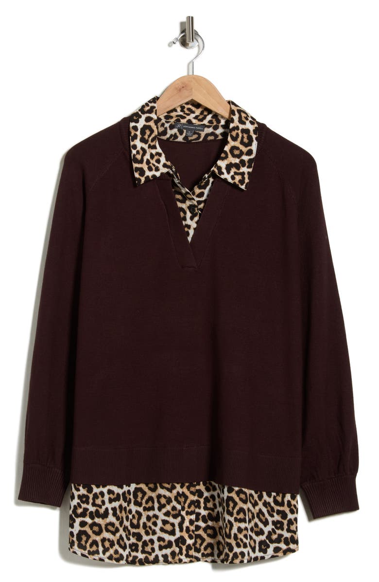 Adrianna Papell V-Neck Twofer Sweater, Alternate, color, Brownie/ Bengal Cheetah