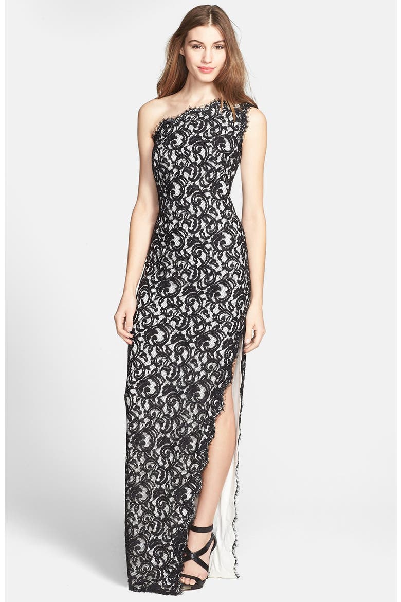 One Shoulder Lace Gown, Main, color, BLACK/ IVORY