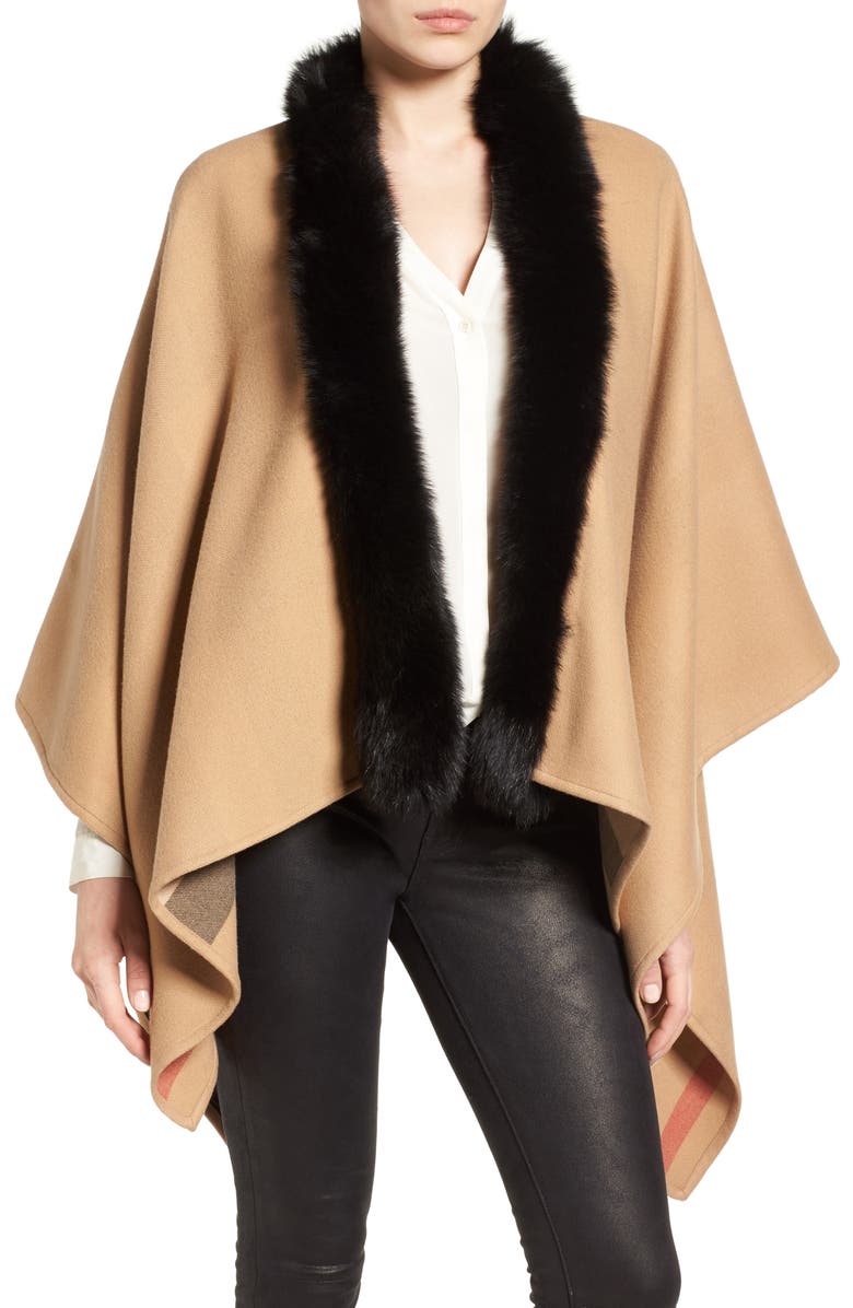 Burberry Charlotte Genuine Fox Fur Trim Reversible Cape, Main, color, 