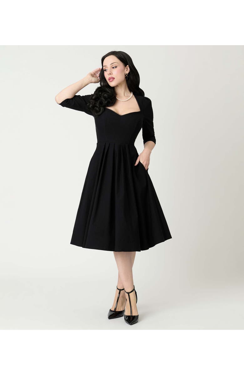 Unique Vintage Sweetheart Swing Dress, Alternate, color, Black Pleated