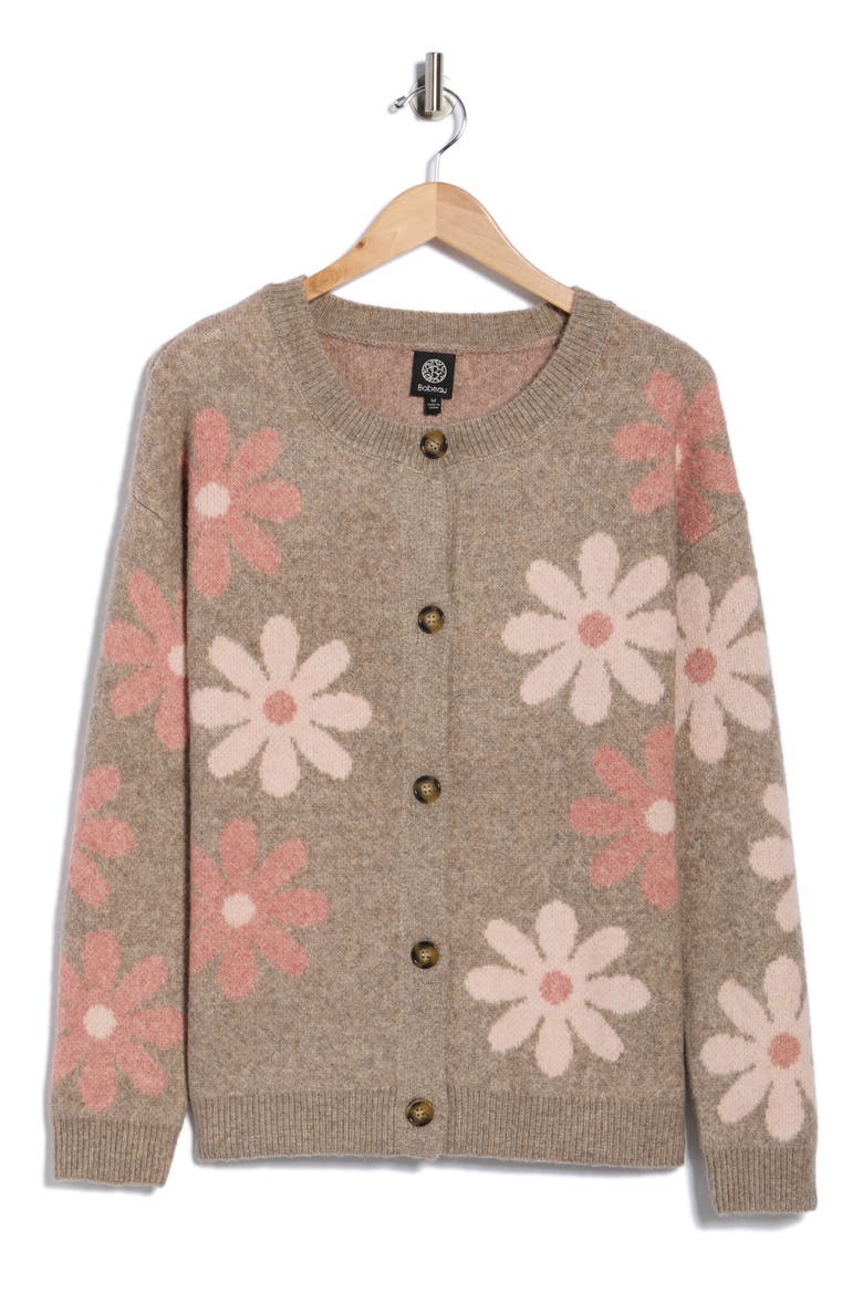 Daisy Jacquard Cardigan, Alternate, color, DARK OATMEAL