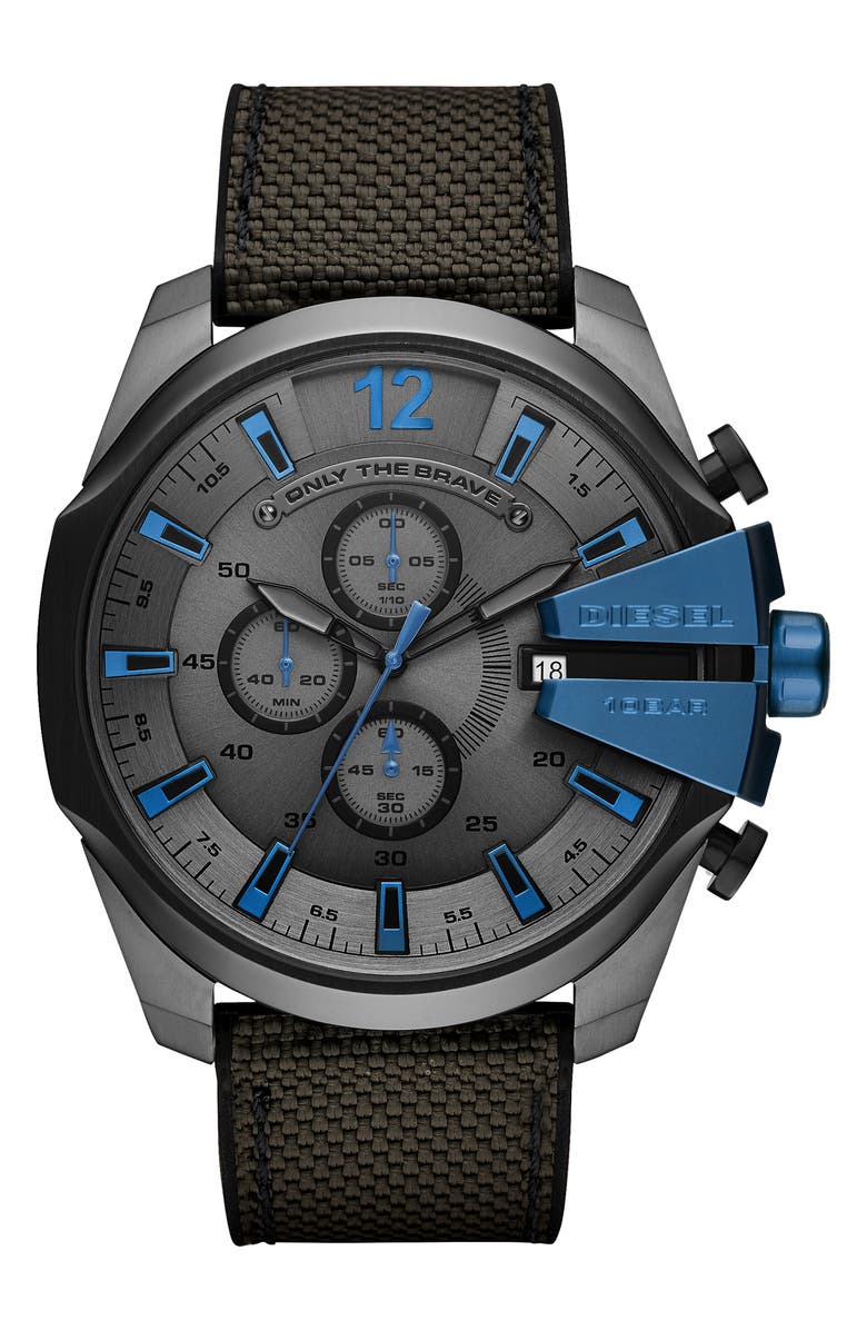 DIESEL<sup>®</sup> Mega Chief Chronograph Nylon Strap Watch, 51mm, Main, color, Gunmetal