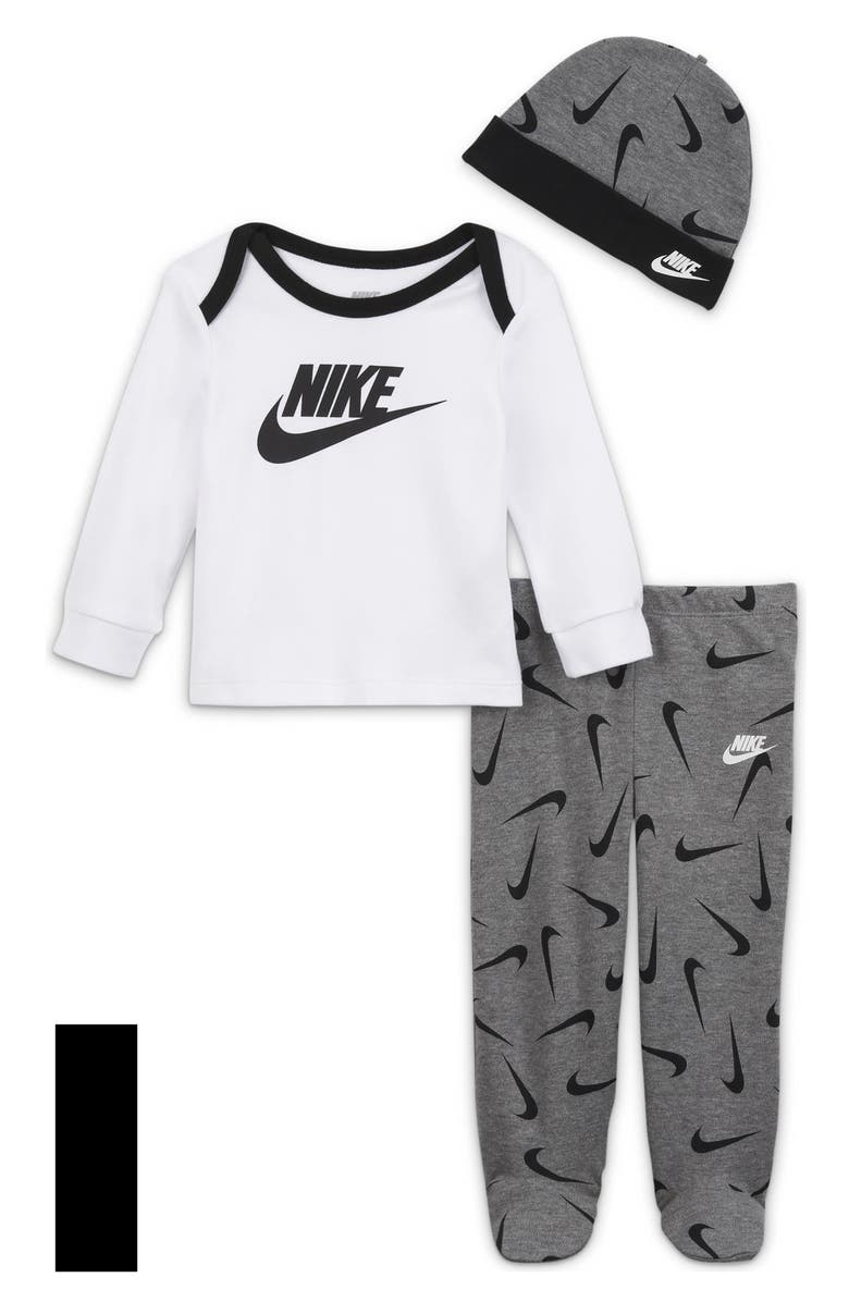 Nike 3-Piece Swoosh Long Sleeve Top, Footed Pants & Cap Set, Main, color, 