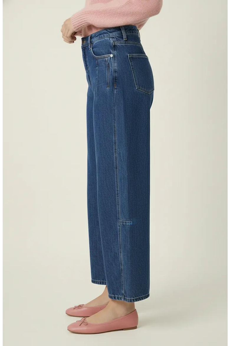 Barrel Leg Denim Pants with Contrast Seams, High Waist and Pockets, Alternate, color, Dark Blue