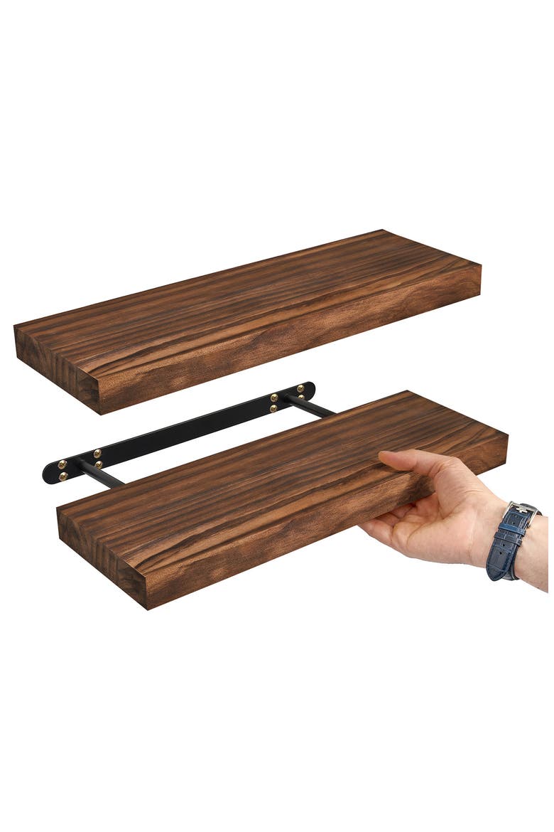 Set of 2 Solid Wood Floating Shelves, Alternate, color, BROWN