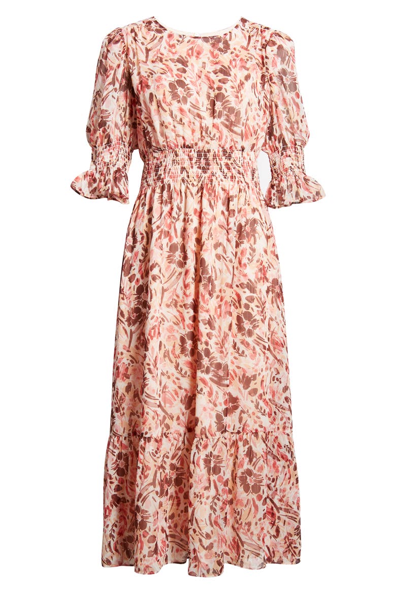 Floral Print Smocked Maxi Dress, Alternate, color, SOFT PEACH/ BURGUNDY