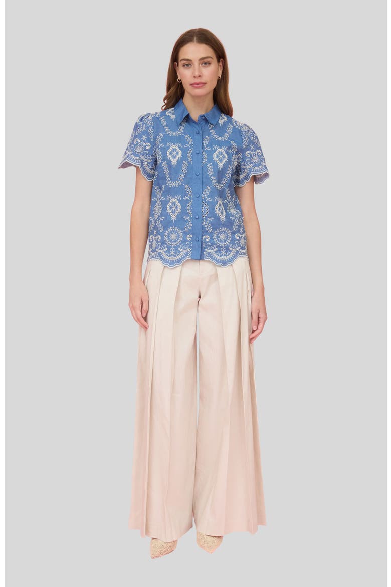 Embroidered Eyelet Cotton Button-Up Top, Alternate, color, BLUE