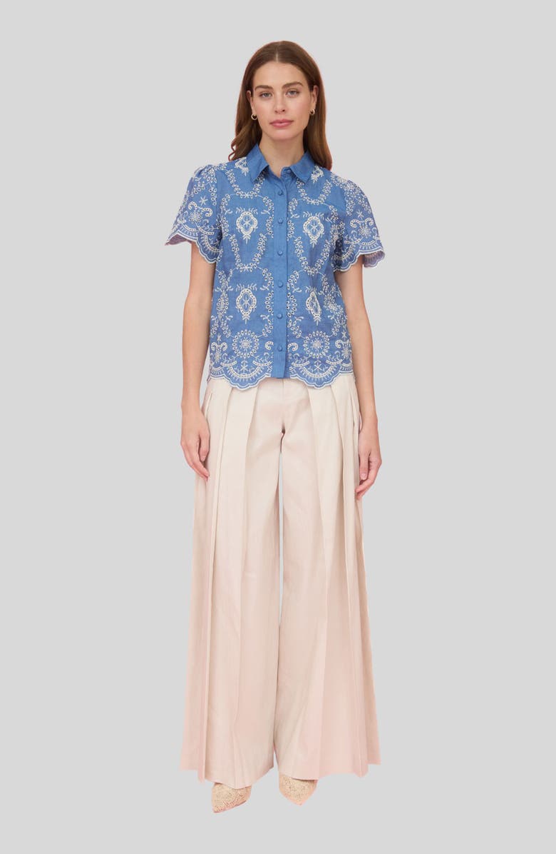 ZOE AND CLAIRE Embroidered Eyelet Cotton Button-Up Top, Alternate, color, Blue