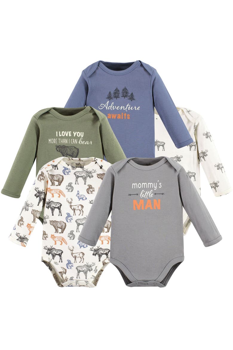 5pk Long Sleeve Organic Bodysuits, Main, color, Boy Woodland