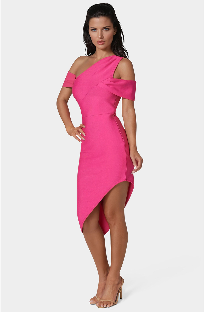 bebe Asymmetrical High Slit Bandage Midi Dress, Alternate, color, Red