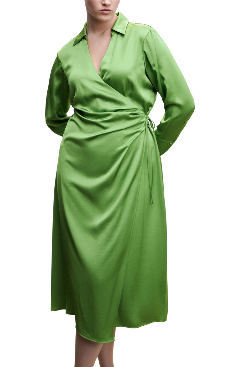 Long Sleeve Satin Wrap Shirtdress, Alternate, color, GREEN