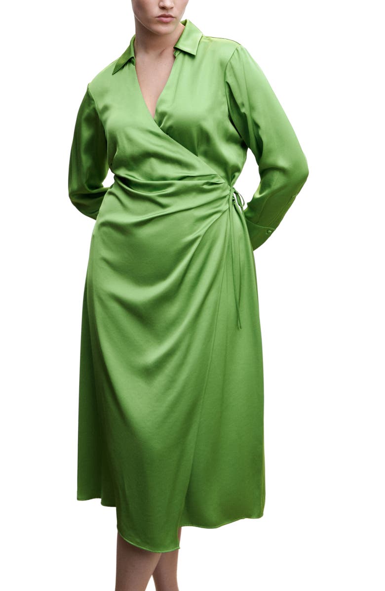 MANGO Long Sleeve Satin Wrap Shirtdress, Alternate, color, Green