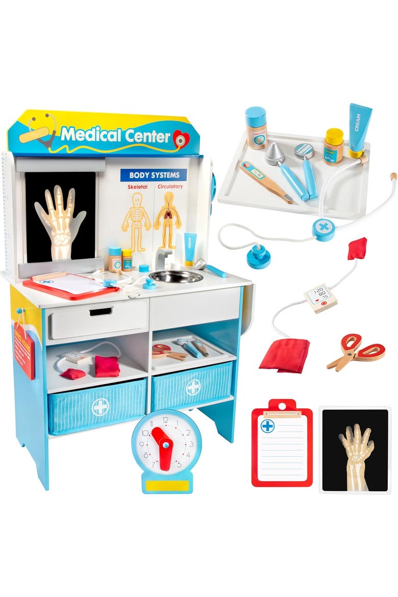 Get Well Doctor Wooden Activity Center- Kids Pretend Play Medical Playset w 16 Fun Accessories, Main, color, White