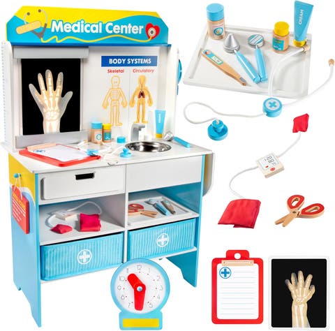 Get Well Doctor Wooden Activity Center- Kids Pretend Play Medical Playset w 16 Fun Accessories