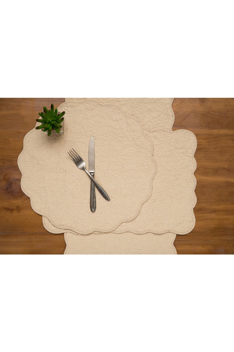 Christiana Khaki Reversible Machine Washable Round Scallop Quilt Placemats Set of 6, Alternate, color, Beige