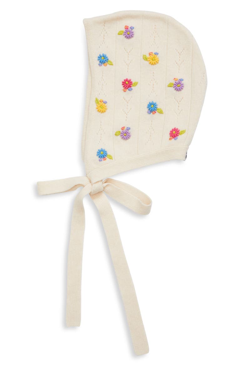 Daisy Embroidered Pointelle Lambswool Bonnet, Main, color, CHALK