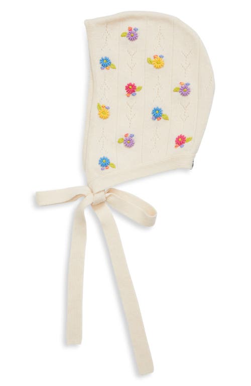 YanYan Daisy Embroidered Pointelle Lambswool Bonnet in Chalk 