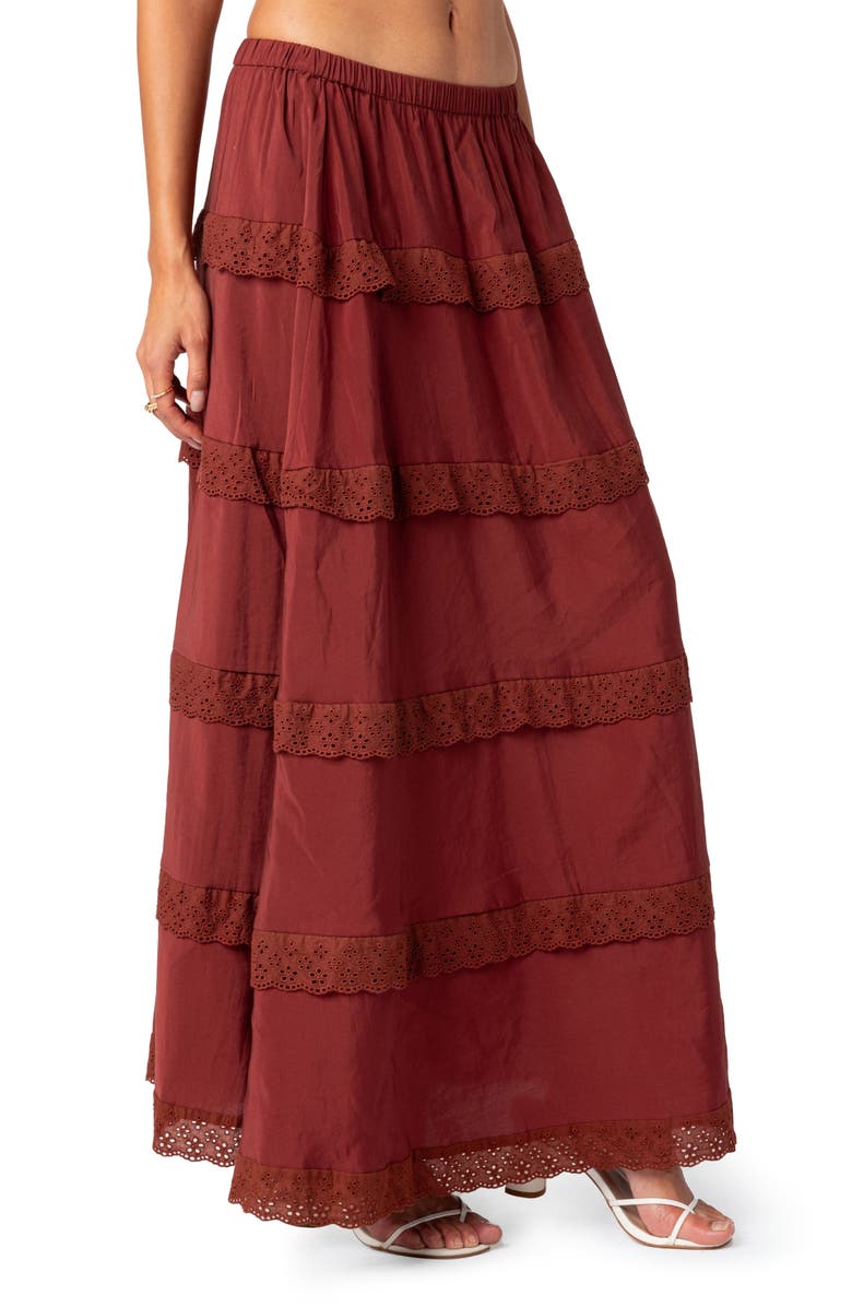 EDIKTED Eyelet Trim Tiered Cotton Blend Maxi Skirt, Alternate, color, 