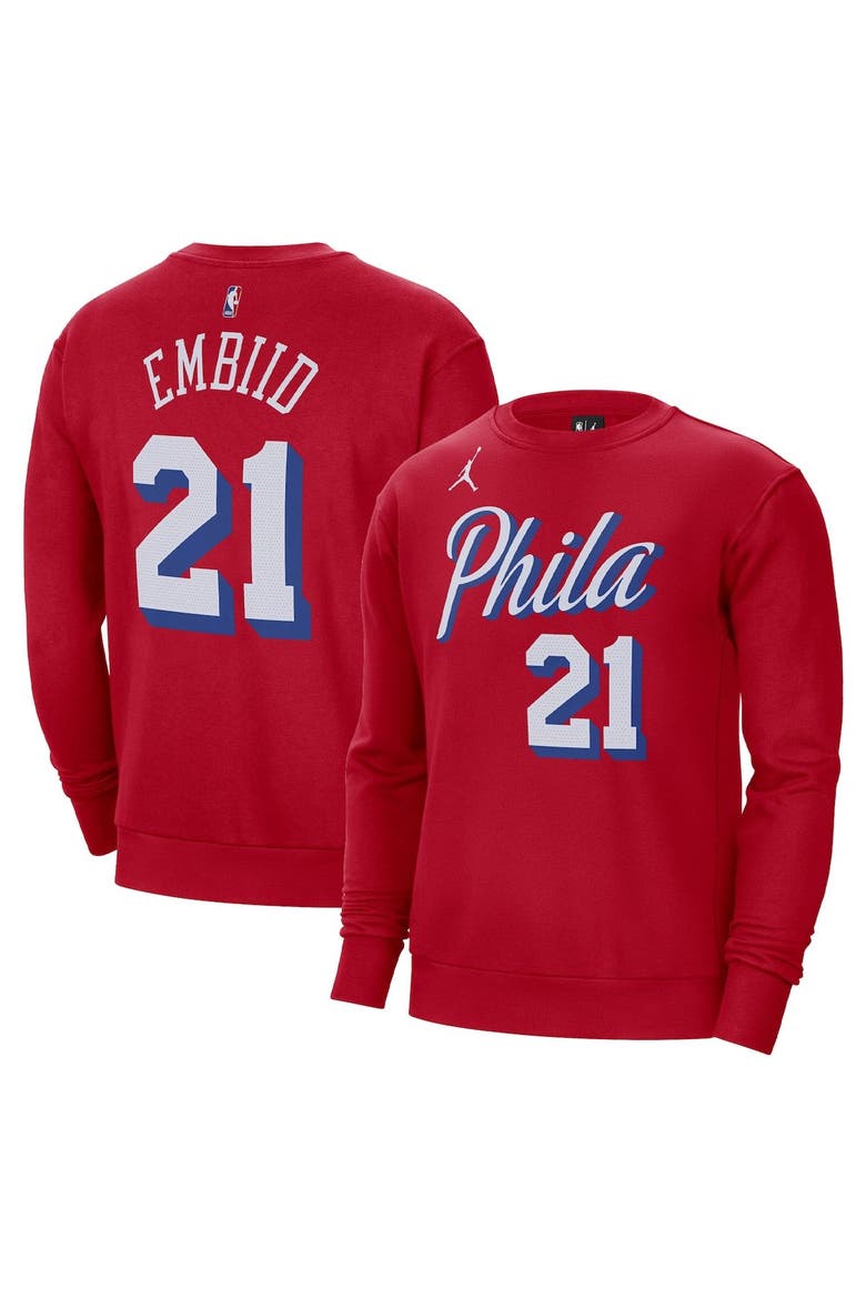 Men's Jordan Brand Joel Embiid Red Philadelphia 76ers Statement Name & Number Pullover Sweatshirt, Main, color, Red