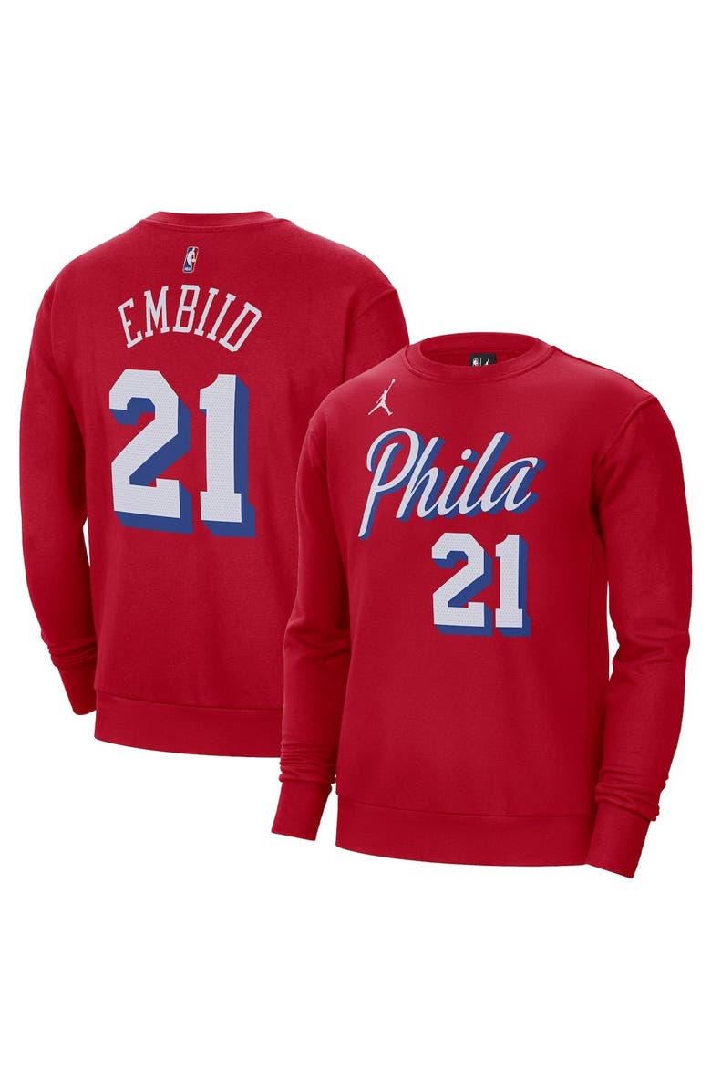 Jordan Brand Men's Jordan Brand Joel Embiid Red Philadelphia 76ers Statement Name & Number Pullover Sweatshirt, Main, color, Red