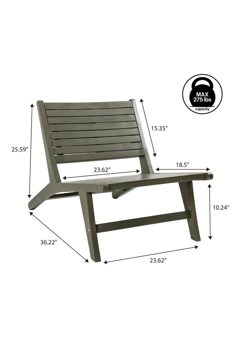 Leo Modern Solid Indonesian Wood Armless Outdoor Lounge Chair, Slatted Low Profile Seating for Patio, Porch or Garden, Alternate, color, Olive Green