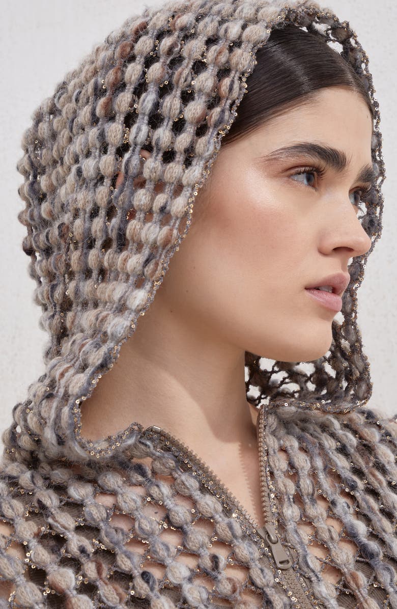 Brunello Cucinelli Balloon net cardigan, Alternate, color, Camel