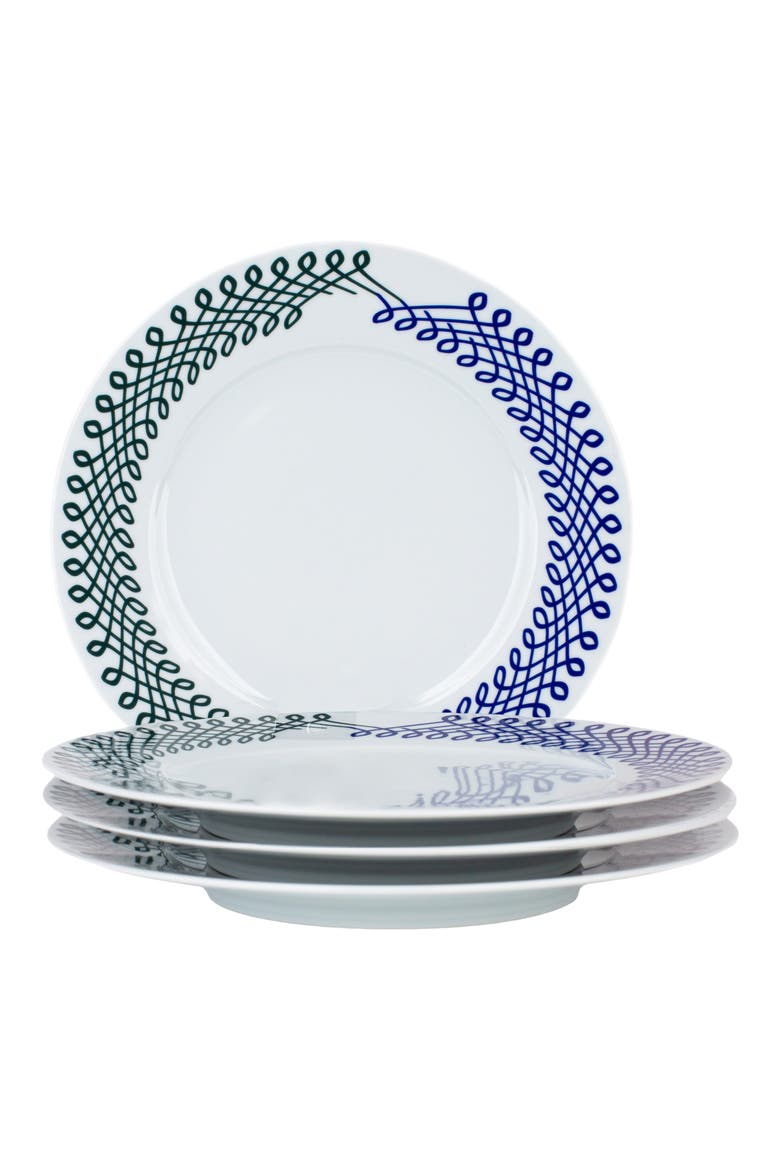 Set of 4 Porcelain Dinner Plates, Main, color, BLUE/ GREEN